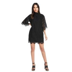 NWT CHASER Lace Dress Women's S Black Scalloped Mock Neck 3/4 Sleeve Shift